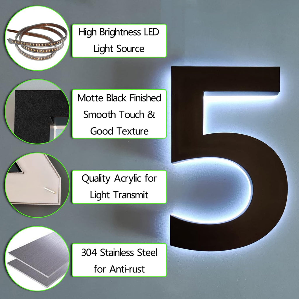 House Numbers LED, Modern Backlit LED Floating Address Signs For Homes, Light Up House Address Number For Outside, Stainless-Steel Weather Resistant, Black, White Light,14 Inch,N