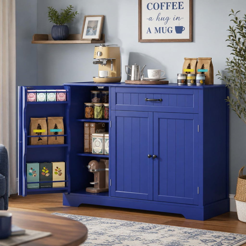 Gizoon Kitchen Sideboard Buffet Cabinet with Storage Small Coffee Bar Cabinet with Drawer, Kitchen Pantry Storage Cabinet with Door and Shelves for Bathroom and Living Room, Painted Navy Blue