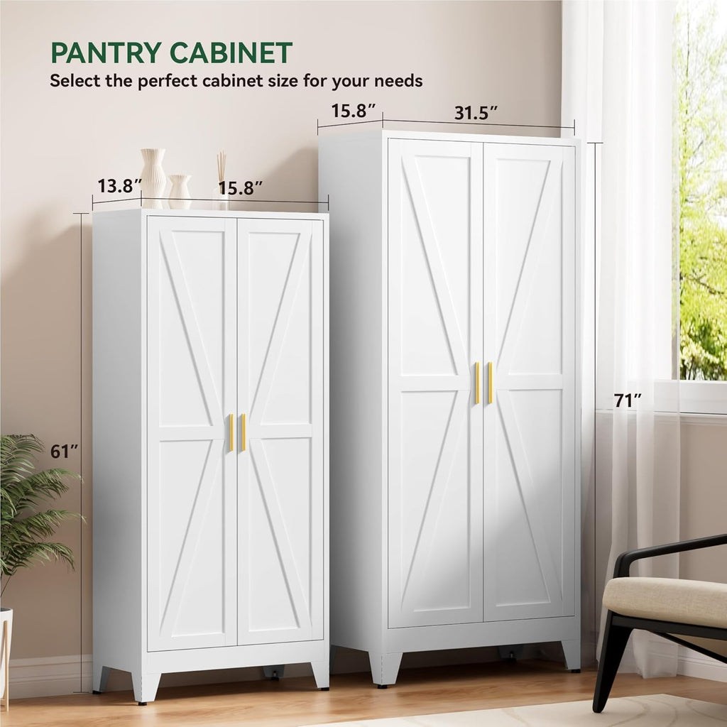 Kitchen Pantry Cabinet,71' H x 31.5' W,Metal Farmhouse Storage Cabinet with Adjustable Shelves and Barn Doors,5-Tier Storage Cabinet for Kitchen Dining Room Garage,White 1 Pack