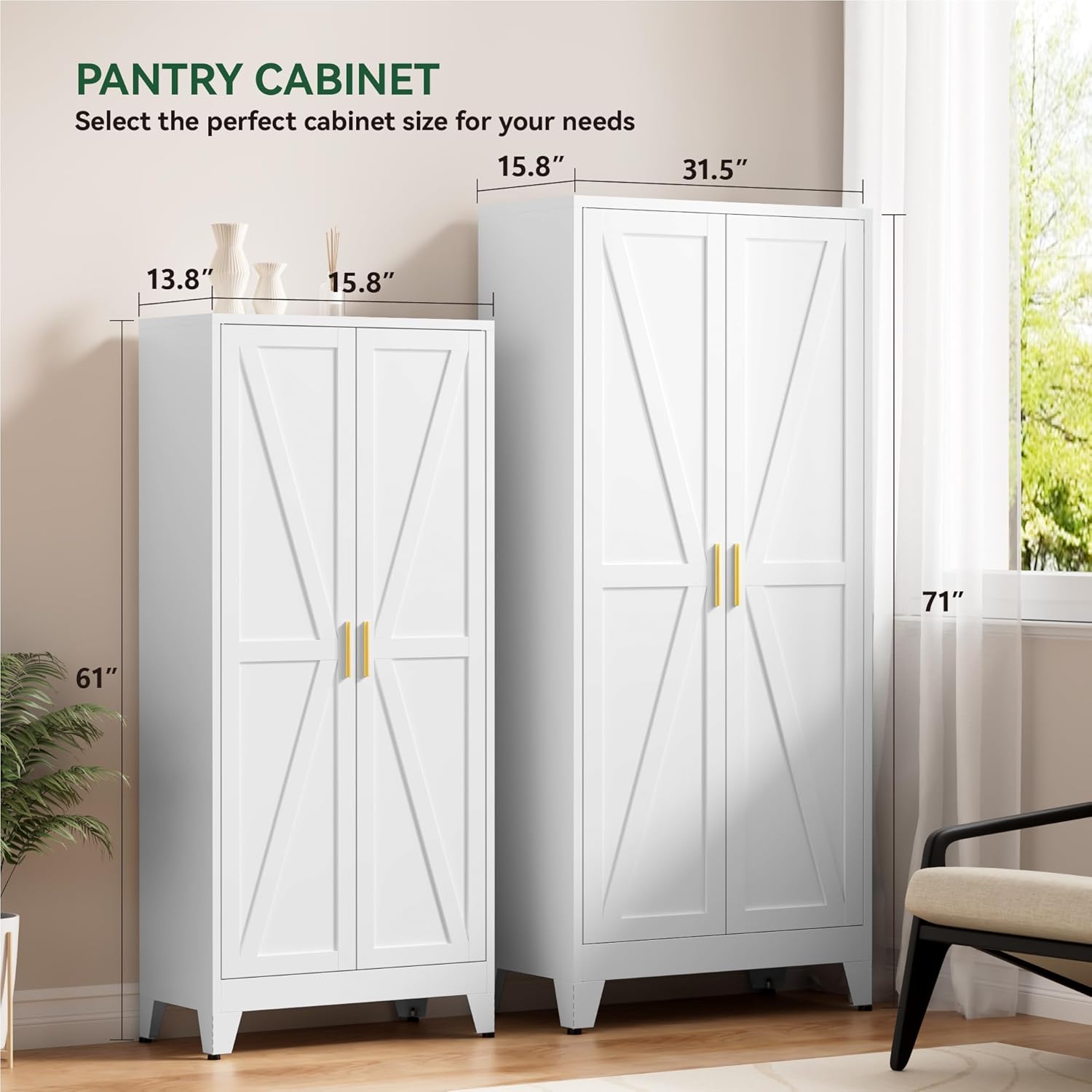 Kitchen Pantry Cabinet,71' H x 31.5' W,Metal Farmhouse Storage Cabinet with Adjustable Shelves and Barn Doors,5-Tier Storage Cabinet for Kitchen Dining Room Garage,White 1 Pack