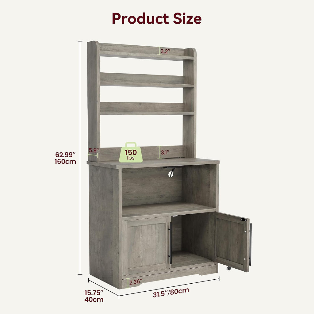 Garvee Farmhouse Bakers Rack with Power Outlets, Microwave Stand with Cabinet, Kitchen Hutch Pantry Cabinet, Kitchen Coffee Bar Cabinet for Spices, Dishes, and Pots, Gray