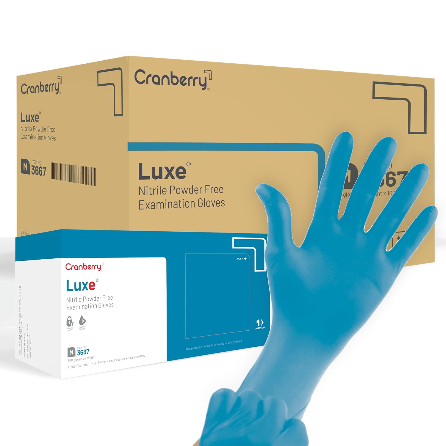 Cranberry USA Cranberry Luxe Nitrile Exam Gloves, Case of 3000, X-Small, Azure Blue, Lanolin & Vitamin E, 2.5 Mil
