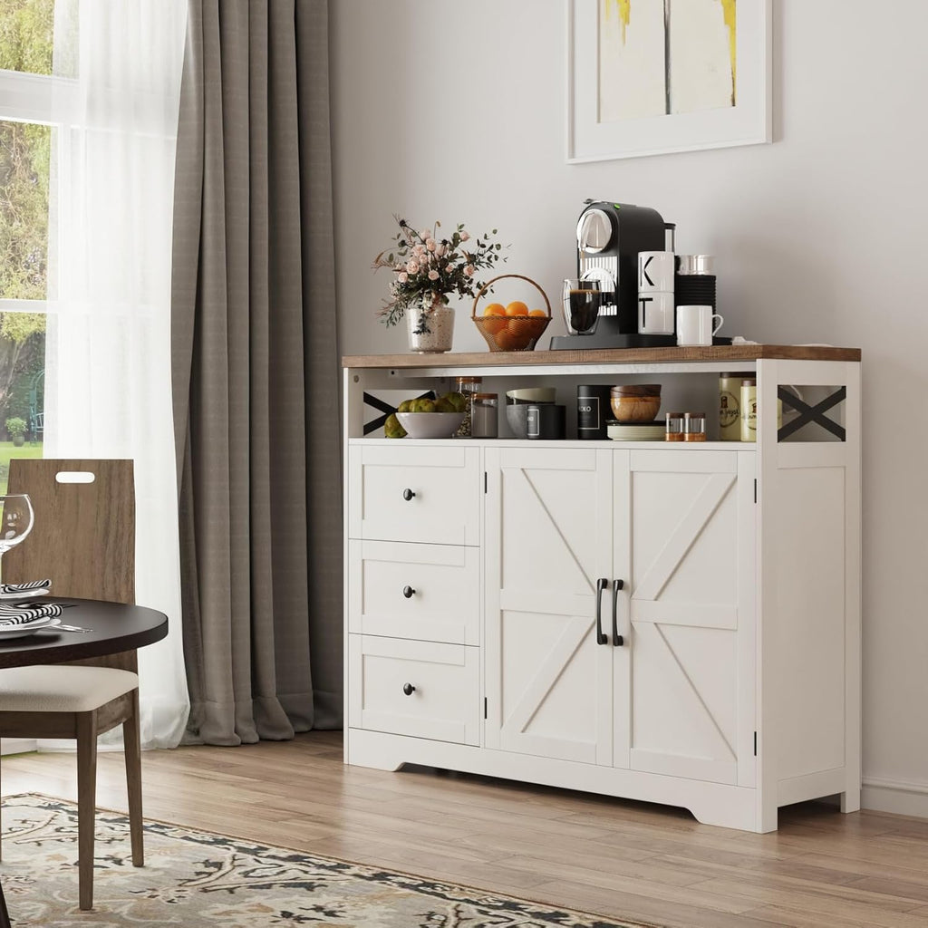 Befrases Farmhouse Buffet Cabinet with Drawers & Open Shelf, Sideboard with Storage, Kitchen Pantry Cabinet Hutch, Coffee Bar Station for Kitchen, Livingroom, 47' L White