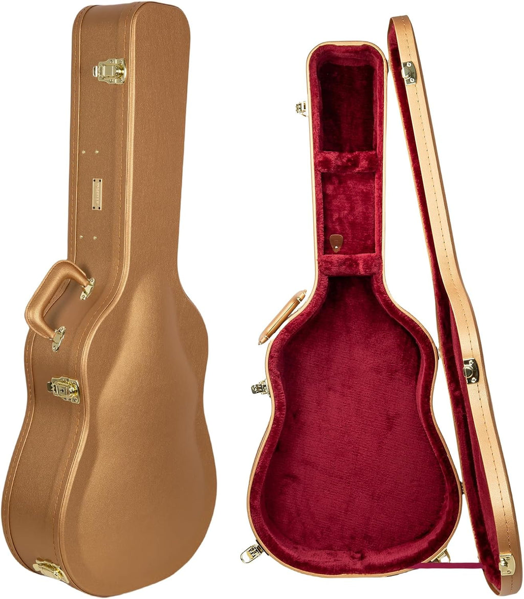 Crossrock Wooden Dreadnought Guitar Case for Martin D-28 / Taylor Grand Auditorium | Luxury Gold Faux Leather, Burgundy Velvet Interior, Lock – Designer Series(CRW520D28LG)