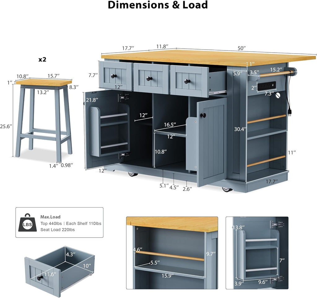 Large Kitchen Island Cart on 5 Wheels with 2 Bar Stools, Power Outlet, 3 Drawers, Kitchen Storage Cart with 5 Open Side Racks, Drop Leaf for Kitchen, Dining Room, Home Bar Grey Blue