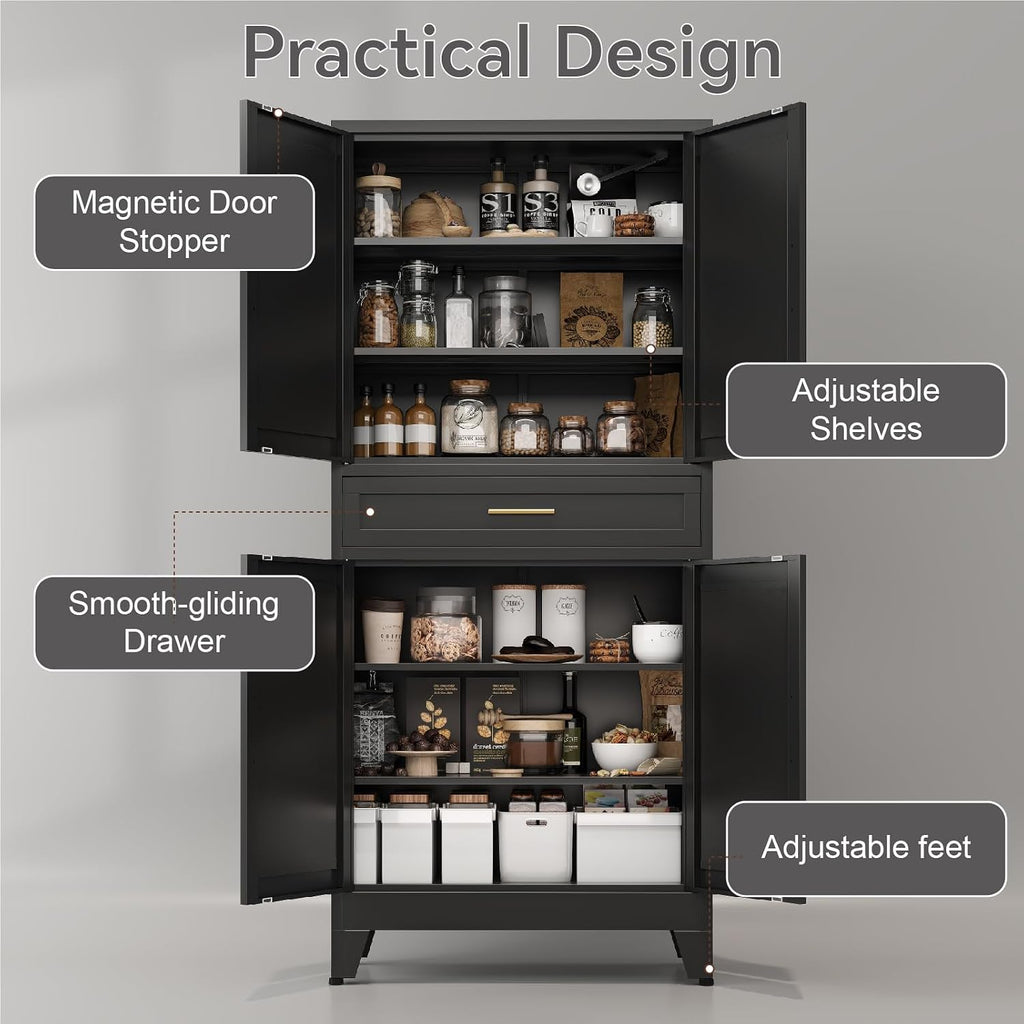 Metal Storage Cabinet, 71' Tall Kitchen Pantry Cabinets, Steel File Cabinet with 4 Doors & Adjustable Shelves and Drawer for Kitchen, Dining Room, Living Room, Bathroom