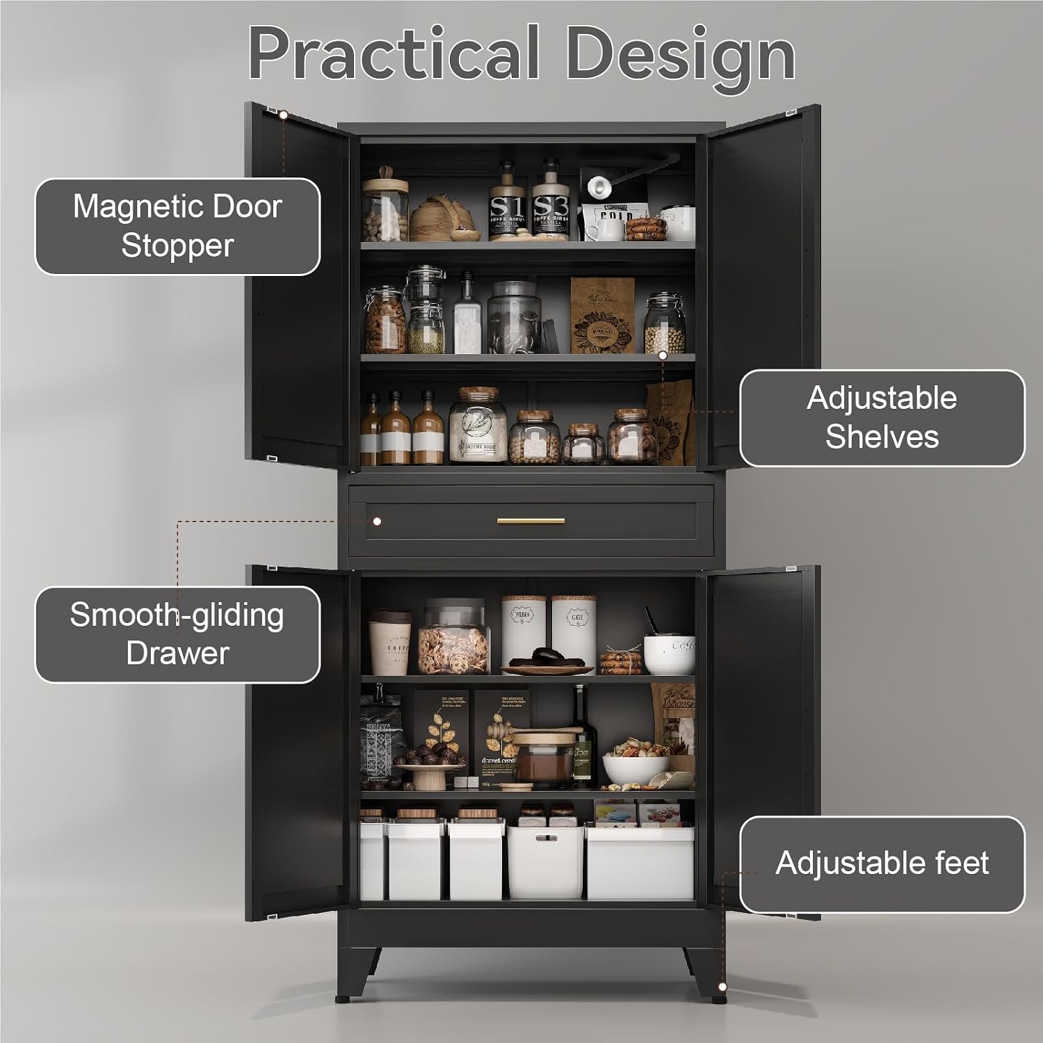 Metal Storage Cabinet, 71' Tall Kitchen Pantry Cabinets, Steel File Cabinet with 4 Doors & Adjustable Shelves and Drawer for Kitchen, Dining Room, Living Room, Bathroom
