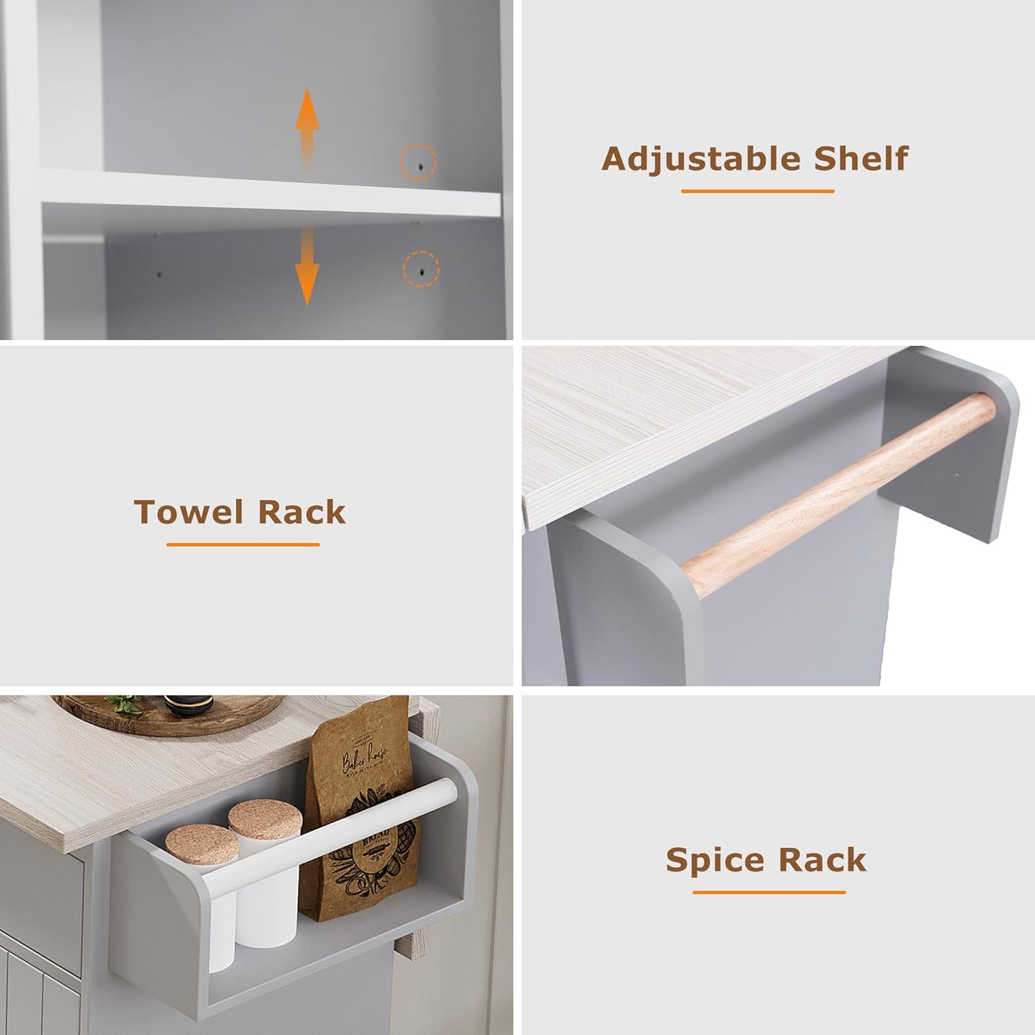 Farmhouse Kitchen Island with Trash Can Storage Cabinet, Kitchen Cart with Drop Leaf, Spice Rack, Towel Rack and Drawer, Rolling Kitchen Island on Wheels with Adjustable Shelf (Grey1)