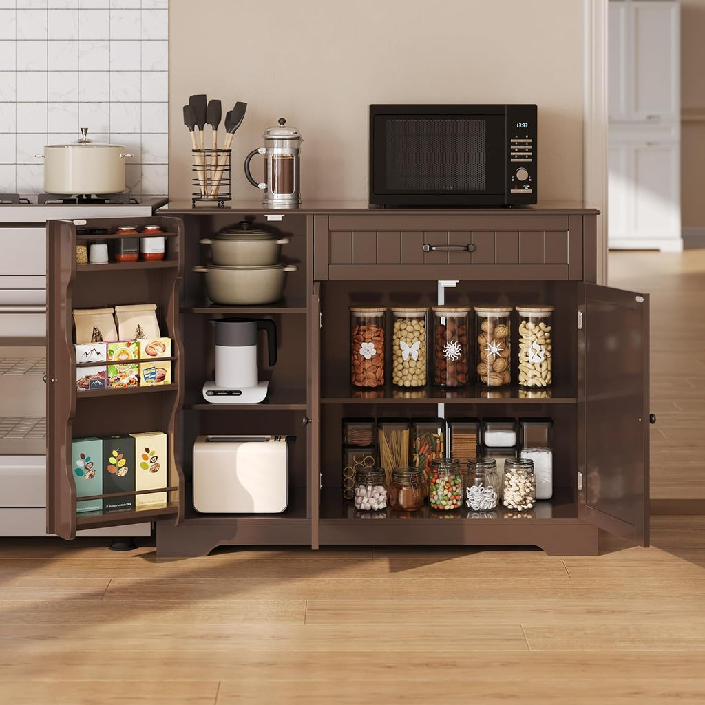 Gizoon Kitchen Coffee Bar Cabinet with Storage Kitchen Sideboard Buffet Cabinet with Drawers, Short Pantry with Door and Shelves for Bathroom and Living Room, Dark Brown, Painted