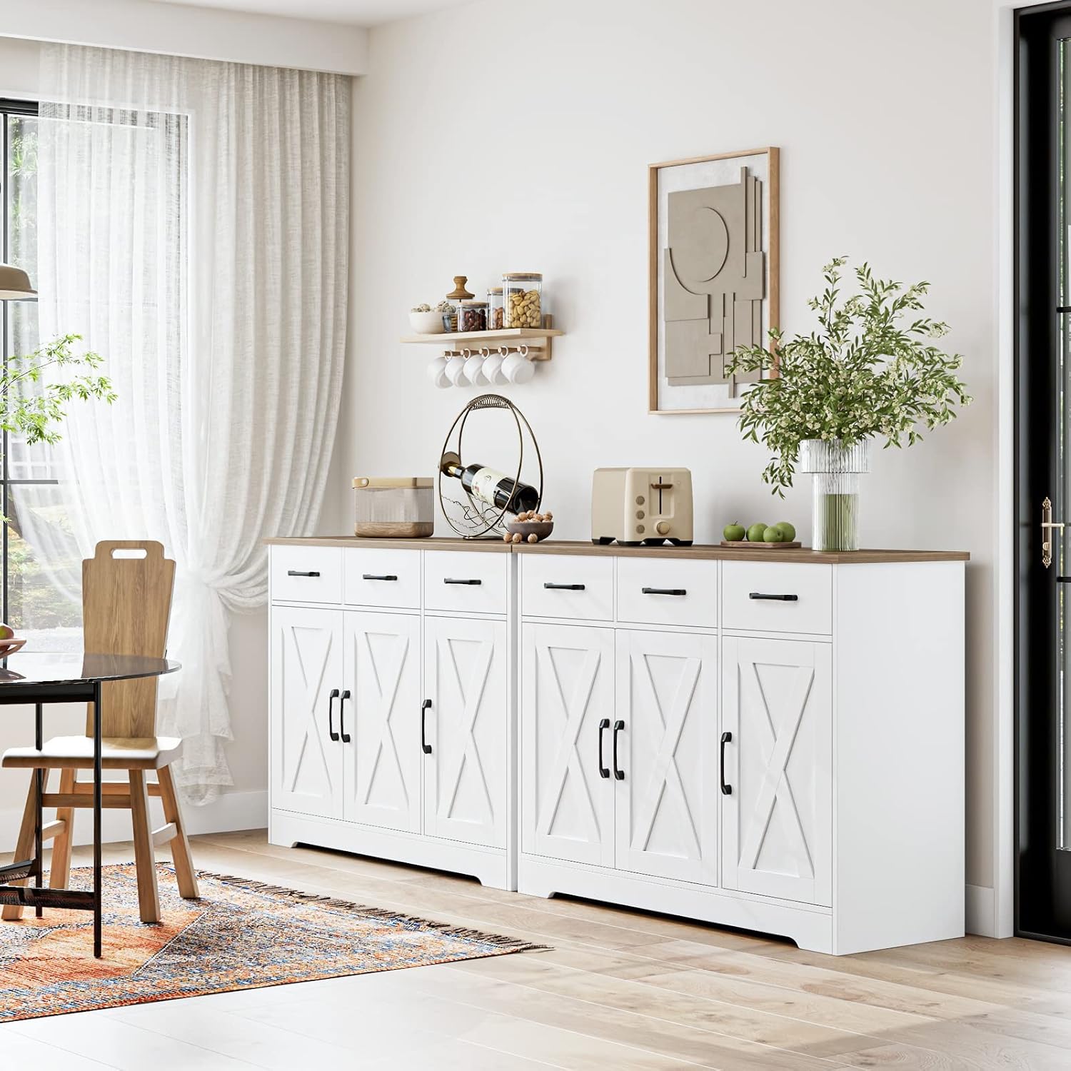 HOSTACK Modern Farmhouse Sideboard Buffet Cabinet, Barn Doors Buffet Storage Cabinet with Drawers and Shelves, Wood Coffee Bar with Storage for Kitchen, Dining Room, Living Room, White