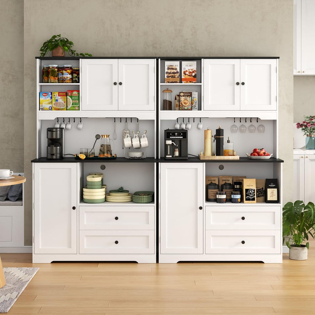 68'Tall Kitchen Pantry Storage Cabinet with Charging Station, Upgrade Pantry Cabinet with Doors & Shelves and Wine Glass Holder,Kitchen Hutch Cabinet with Microwave Stand for Kitchen (White+Black)