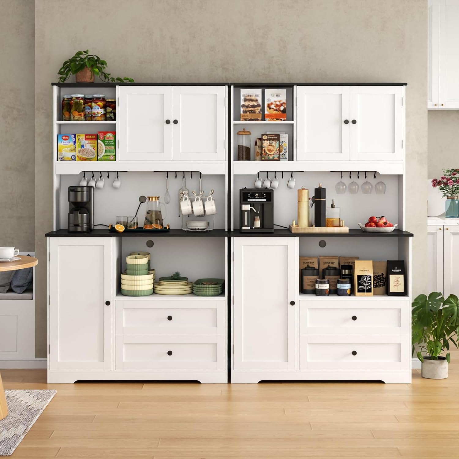 68'Tall Kitchen Pantry Storage Cabinet with Charging Station, Upgrade Pantry Cabinet with Doors & Shelves and Wine Glass Holder,Kitchen Hutch Cabinet with Microwave Stand for Kitchen (White+Black)