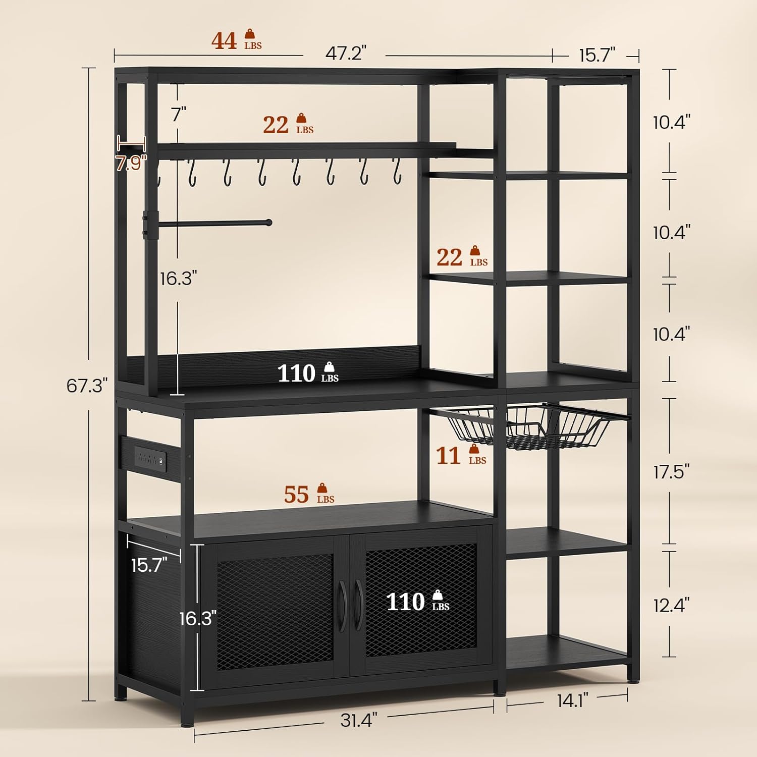 47.2 in Bakers Rack with Power Outlet & LED Light, Coffee Bar with Coffee Pod Holder for Vetuo, Kitchen Microwave Stand with Storage Shelves, Paper Holder, Cabinet, Wire Basket, 8 Hooks (Black)