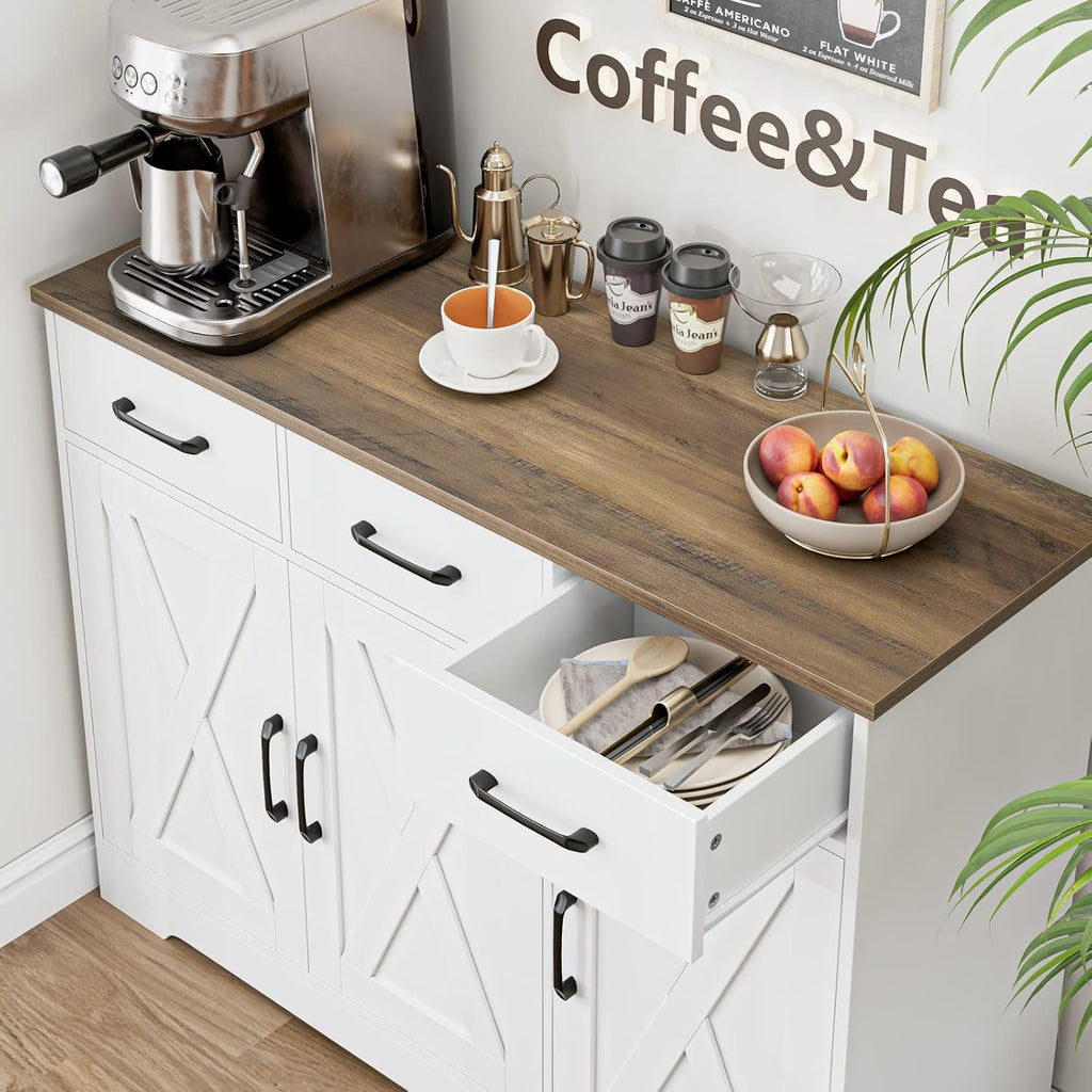 HOSTACK Modern Farmhouse Sideboard Buffet Cabinet, Barn Doors Buffet Storage Cabinet with Drawers and Shelves, Wood Coffee Bar with Storage for Kitchen, Dining Room, Living Room, White