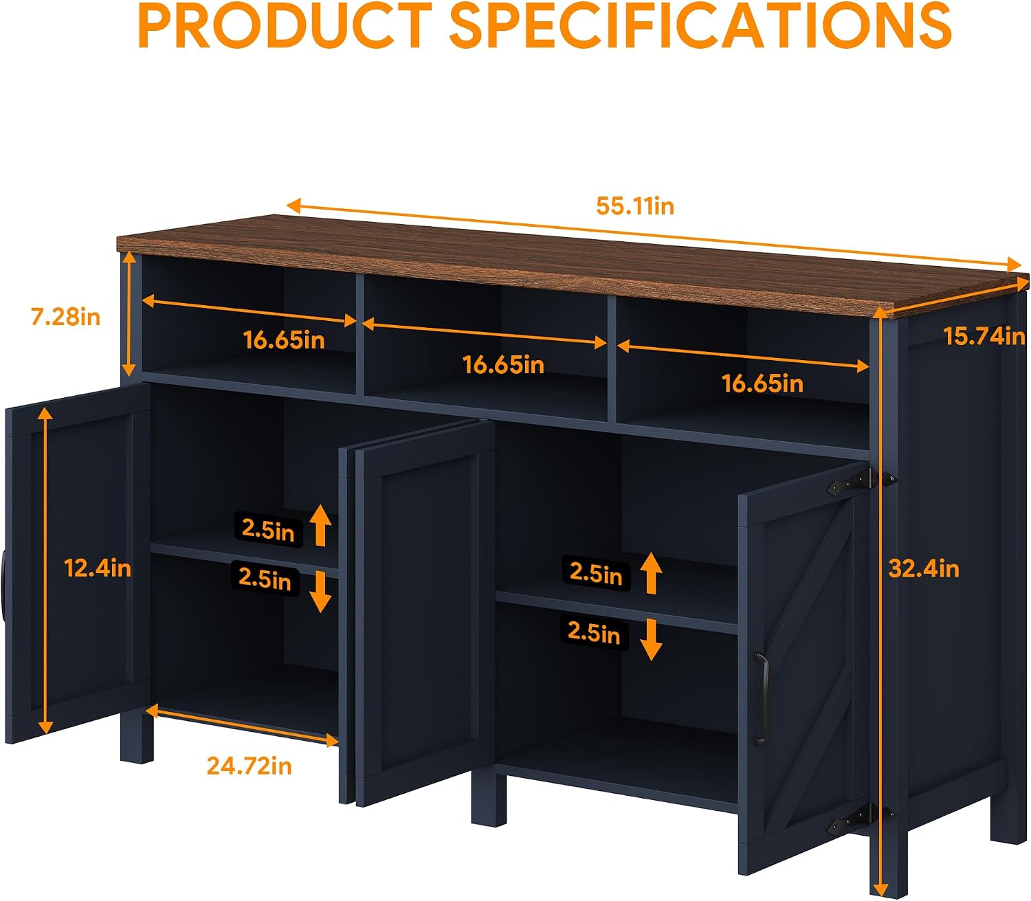 knoworld Buffet Sideboard with Storage Farmhouse with 4 Doors, 55'' Large Kitchen Storage Cabinet Wood Coffee Bar Buffet Table for Kitchen, Dining Room (Blue, 55 in)