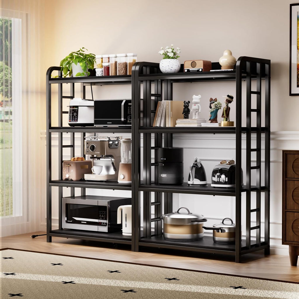 Adjustable Bakers Rack with Power Outlet, 4 Tier Microwave Oven Stand, Heavy Duty Kitchen Storage Rack for Garage Dining Room, Black