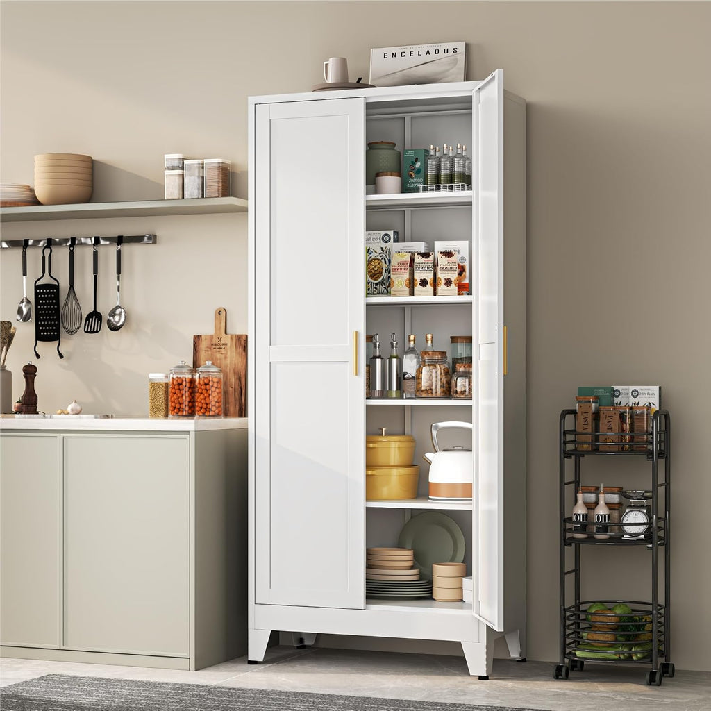 YAUWOH 71''Metal Cabinet with 4 Adjustable Shelves,5-Tier Pantry Storage Cabinet,Kitchen Pantry Cabinet for Living Room,Dining Room, (1PC,White)