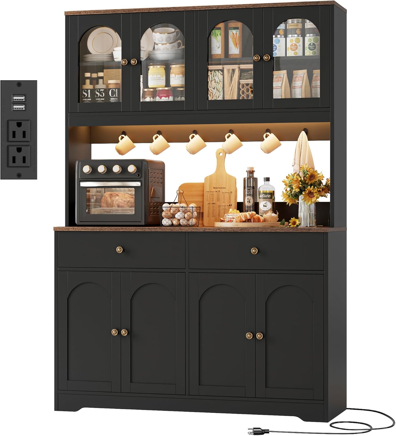 HIFIT 71' LED Kitchen Pantry Cabinet with Power Outlet, Large Kitchen Hutch Cabinet with 2 Storage Drawers & Arched Door, Countertop & Hooks, Tall China Bar for Dining Living Room (Black)