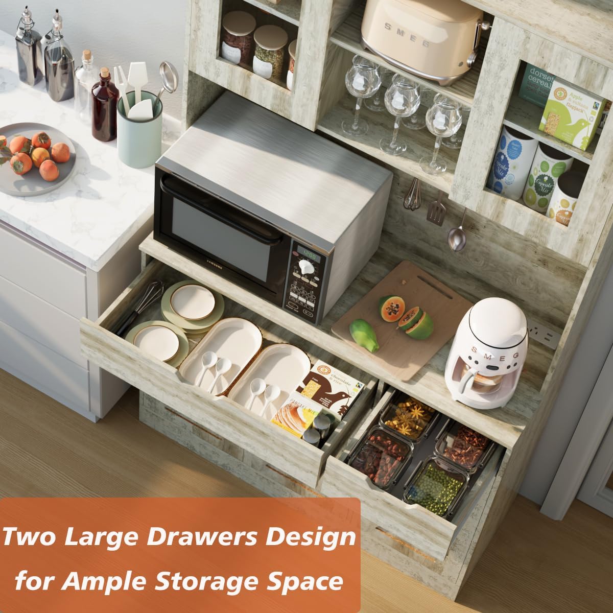 71' Tall Kitchen Pantry Storage Cabinet Large Farmhouse Hutch Cabinet with Microwave Stand, Charging Station, Adjustable Shelves, Countertop for Dining Room, Living Room, Grey