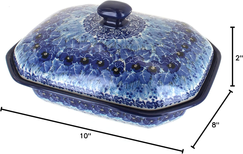Blue Rose Polish Pottery - Blue Joanna Medium Covered Baker - 3 Cup Capcaity - Unique, Dishwasher Safe, & Durable Bakeware