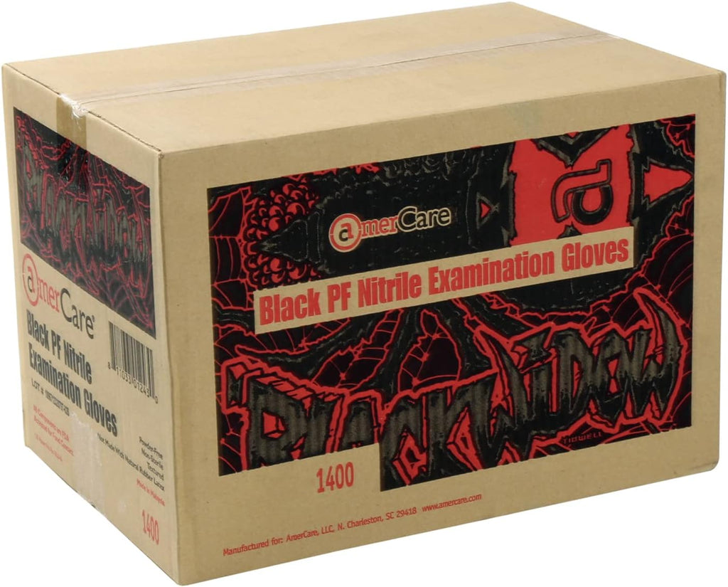 AmerCareRoyal Black Widow Nitrile Latex Free Disposable Gloves - Powder-Free, Exam Grade Gloves with Textured Grip - Extra Large, Black, Case of 1000