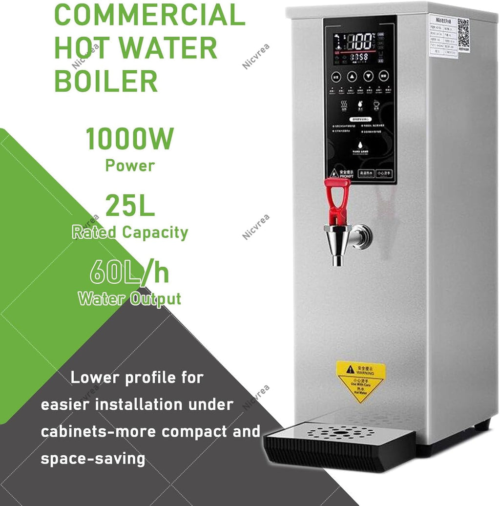 25L Commercial Instant Hot Water Boiler with Automatic Dispenser | 1000W Fast Heating, Energy-Saving, for Catering, Restaurants, Offices Silver