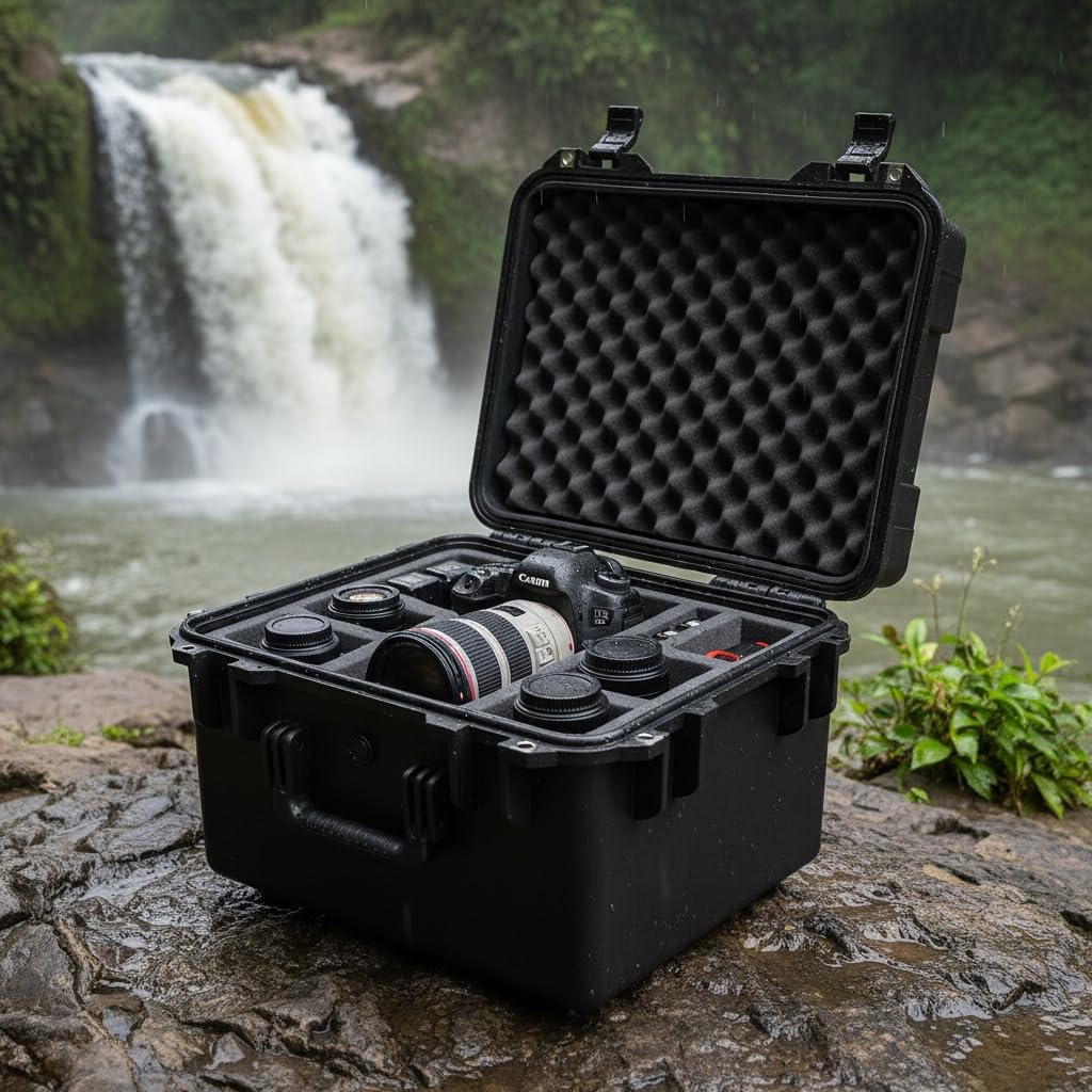 MEIJIA Portable All Weather Waterproof Hard Case, Camera Case with Customizable Fit Foam And Rolling Wheels, 24.8'X23.7'X13.17',Elegant Black