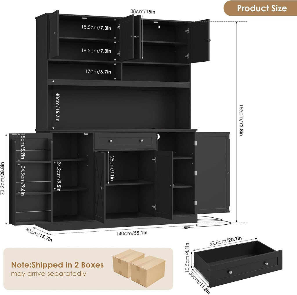 HIFIT 72.8' LED Kitchen Pantry Cabinet with Charging Station, 55' Wide Farmhouse Pantry Cabinet with Microwave Stand&Shelves&Swing-Out Door, Kitchen Hutch Coffee Bar for Living Room, Black