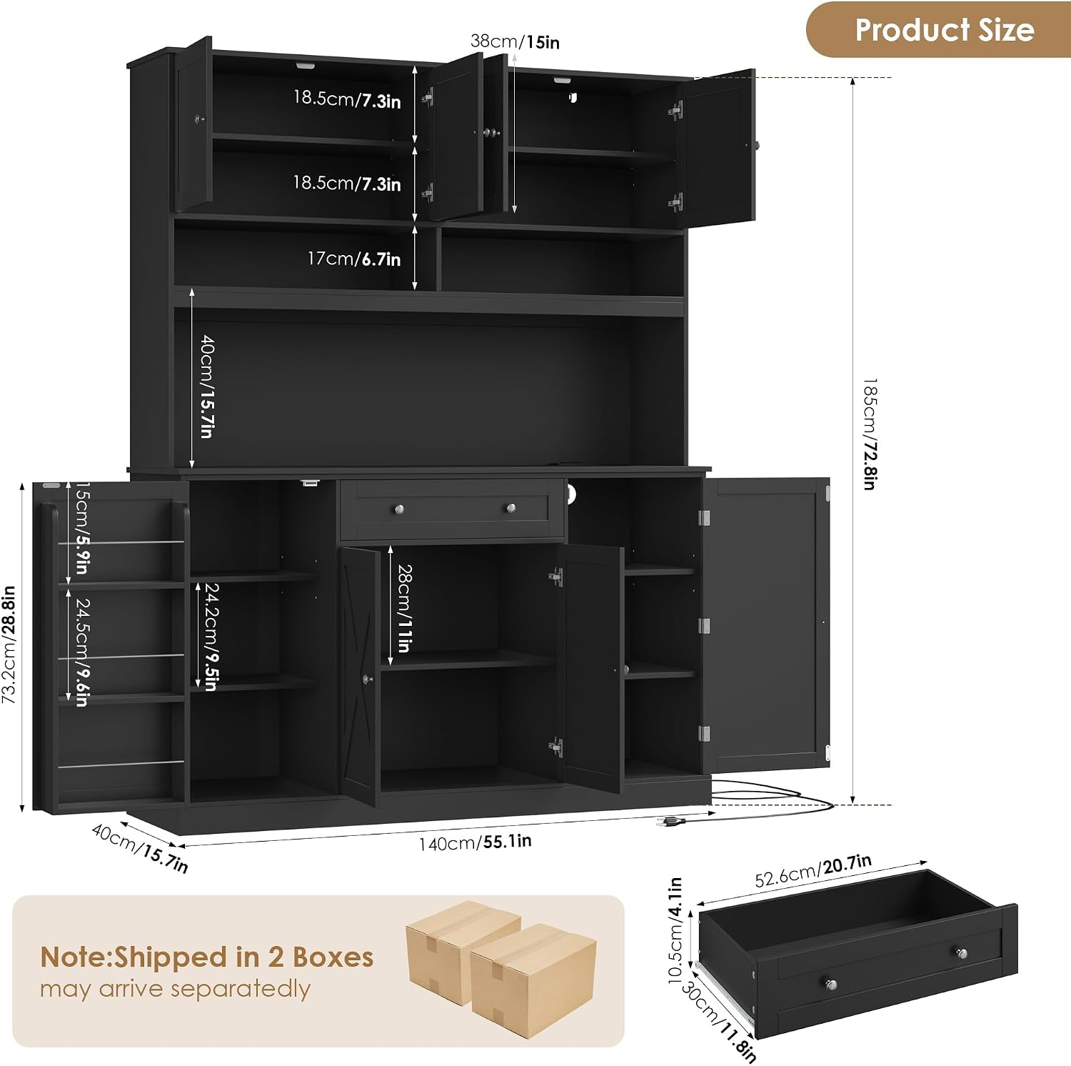 HIFIT 72.8' LED Kitchen Pantry Cabinet with Charging Station, 55' Wide Farmhouse Pantry Cabinet with Microwave Stand&Shelves&Swing-Out Door, Kitchen Hutch Coffee Bar for Living Room, Black
