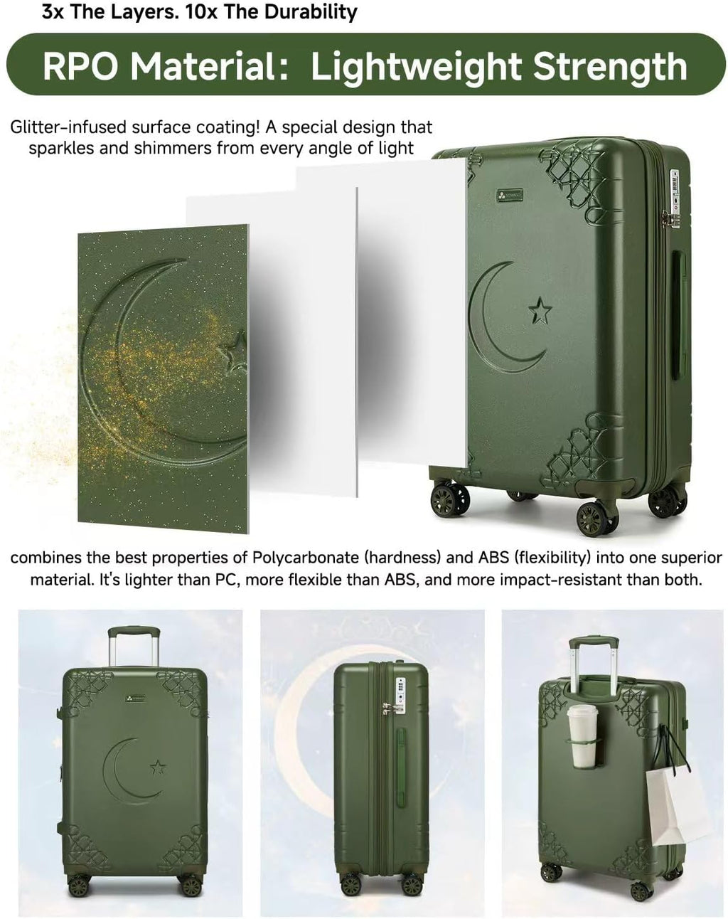 Somago 3 Piece Luggage Set with Cup Holder, Expandable 25% Capacity Suitcase with Shock-Absorbing Braking Spinner Wheels Moon Star Design Hardside Suitcase with TSA Lock (Army Green,Expandable Sets)
