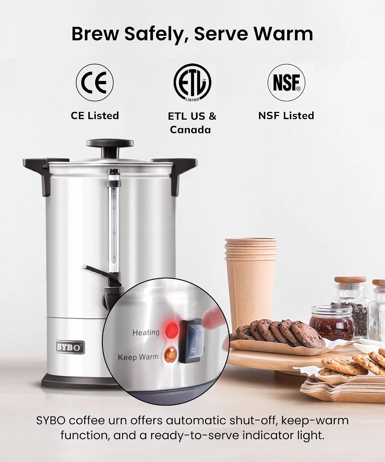 SYBO SR-CP100B Commercial Coffee Urn & Hot Beverage Dispenser, Fast Brew, Keeps Warm – Ideal for Coffee, Tea, Water at Events & Catering, 100-Cup 16 L,Metallic