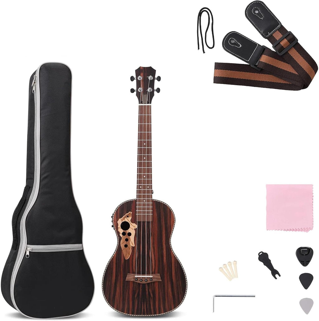 Adult Ukulele Left-Handed Ukulele 26-inch All Black Wood Acoustic Electric Guitar Ukulele Set With Truss Equalizer Gig Bag Strap(Right Hand)