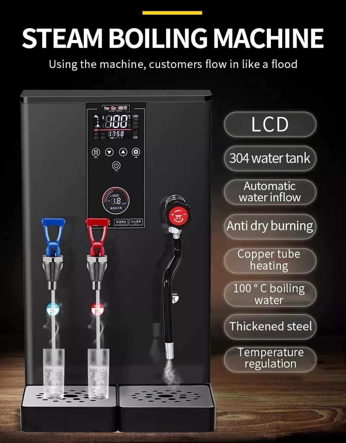 Commercial Intelligent LCD Touch Screen Steam Boiler 50L/H Hot Water Cold Water Milk Foamer Machine (110v Silvery)