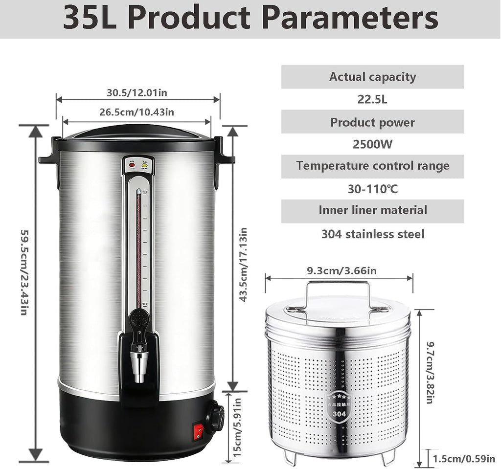 Commercial Coffee Maker 90-Cup Percolator Coffee Pot Electric Dispenser with Double Wall Stainless Steel Anti-Spill, 20L Large Fast Brew Hot Water Urn 35L
