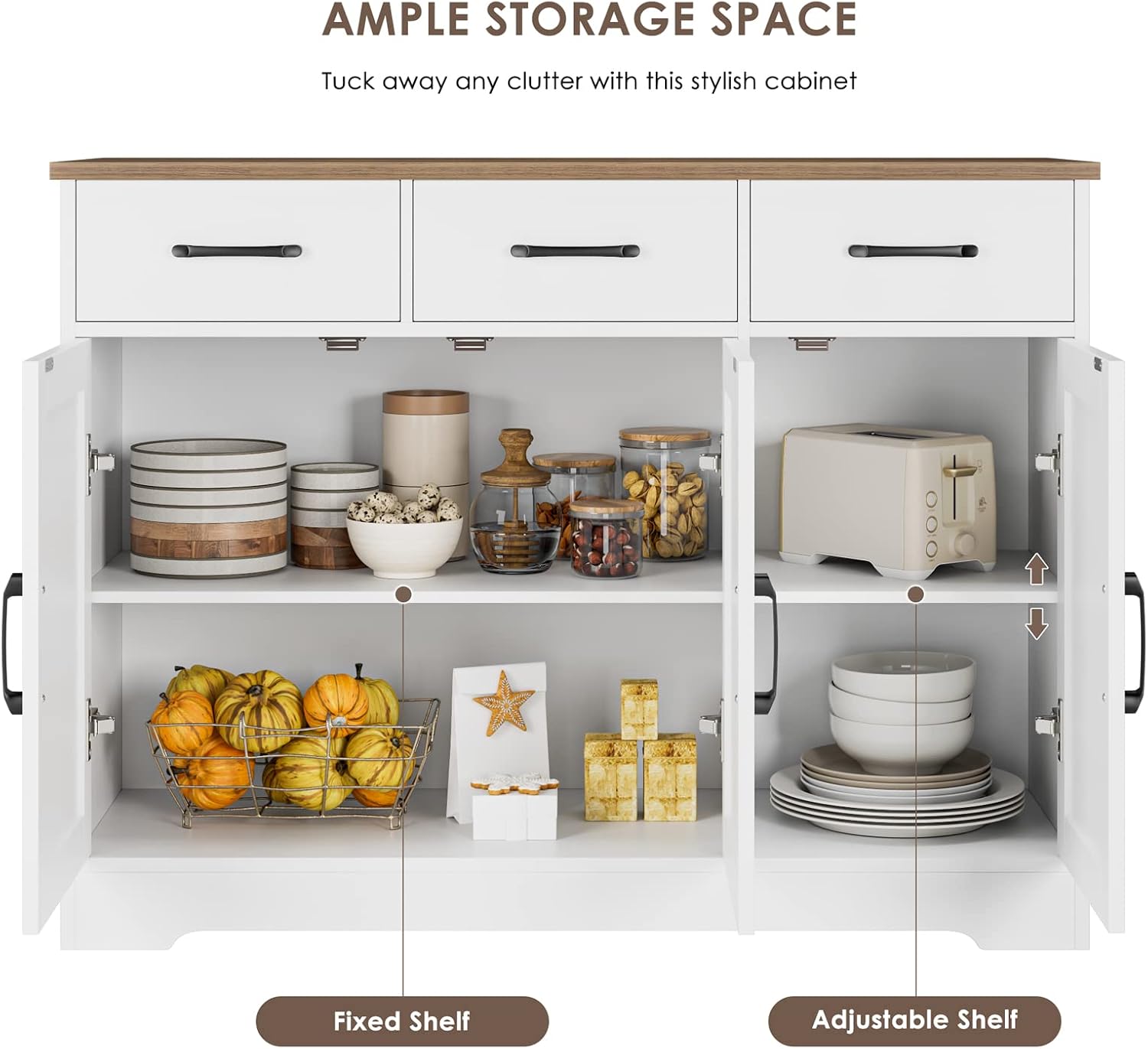HOSTACK Modern Farmhouse Sideboard Buffet Cabinet, Barn Doors Buffet Storage Cabinet with Drawers and Shelves, Wood Coffee Bar with Storage for Kitchen, Dining Room, Living Room, White