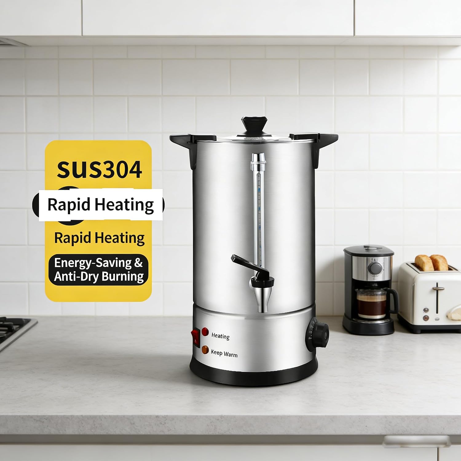 100 Cup Hot Water Urn, 15 L/3.96 gal Commercial Electric Water Boiler and Warmer, Stainless Steel Instant Hot Water Dispenser with Adjustable Temp for Office & Catering,8L/2.11gal,A