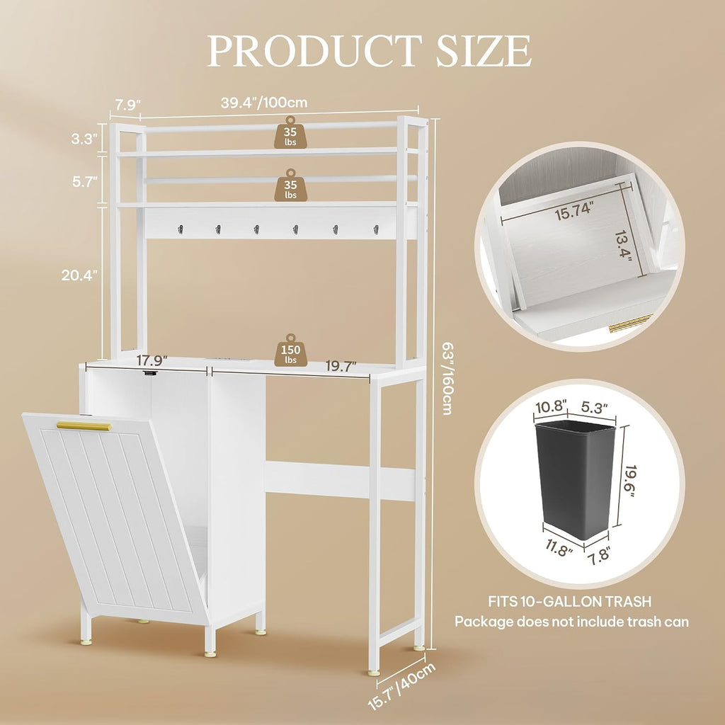 DWVO 63' Tall 39.4' Wide Fridge Stand with Tilt Out Trash Can Fit 10 Gallon,Storage Bakers, Kitchen Rack with Power Outlets Freestadning Coffee Bar Cabinet 3-Tiers Coffee Stand Station White
