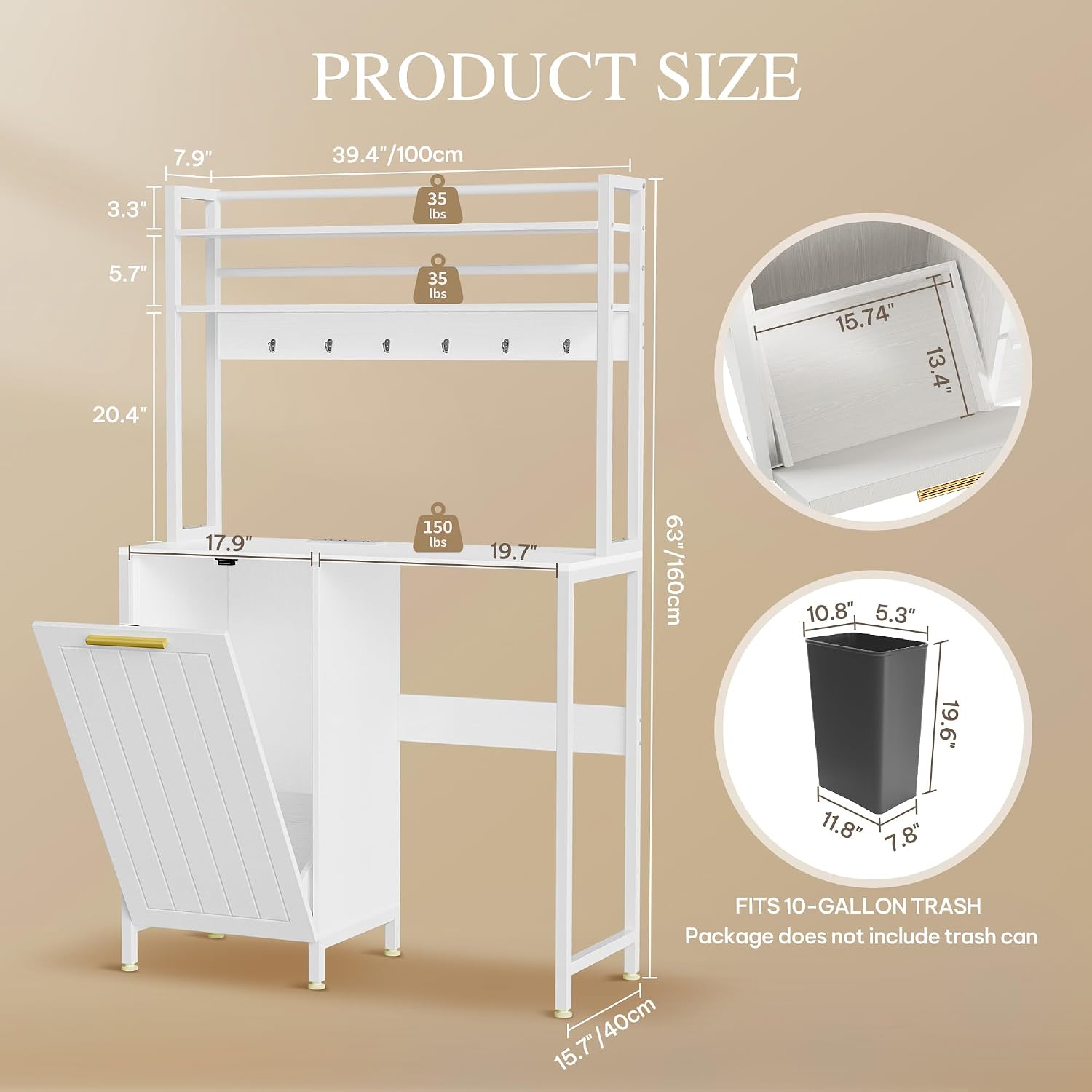 DWVO 63' Tall 39.4' Wide Fridge Stand with Tilt Out Trash Can Fit 10 Gallon,Storage Bakers, Kitchen Rack with Power Outlets Freestadning Coffee Bar Cabinet 3-Tiers Coffee Stand Station White