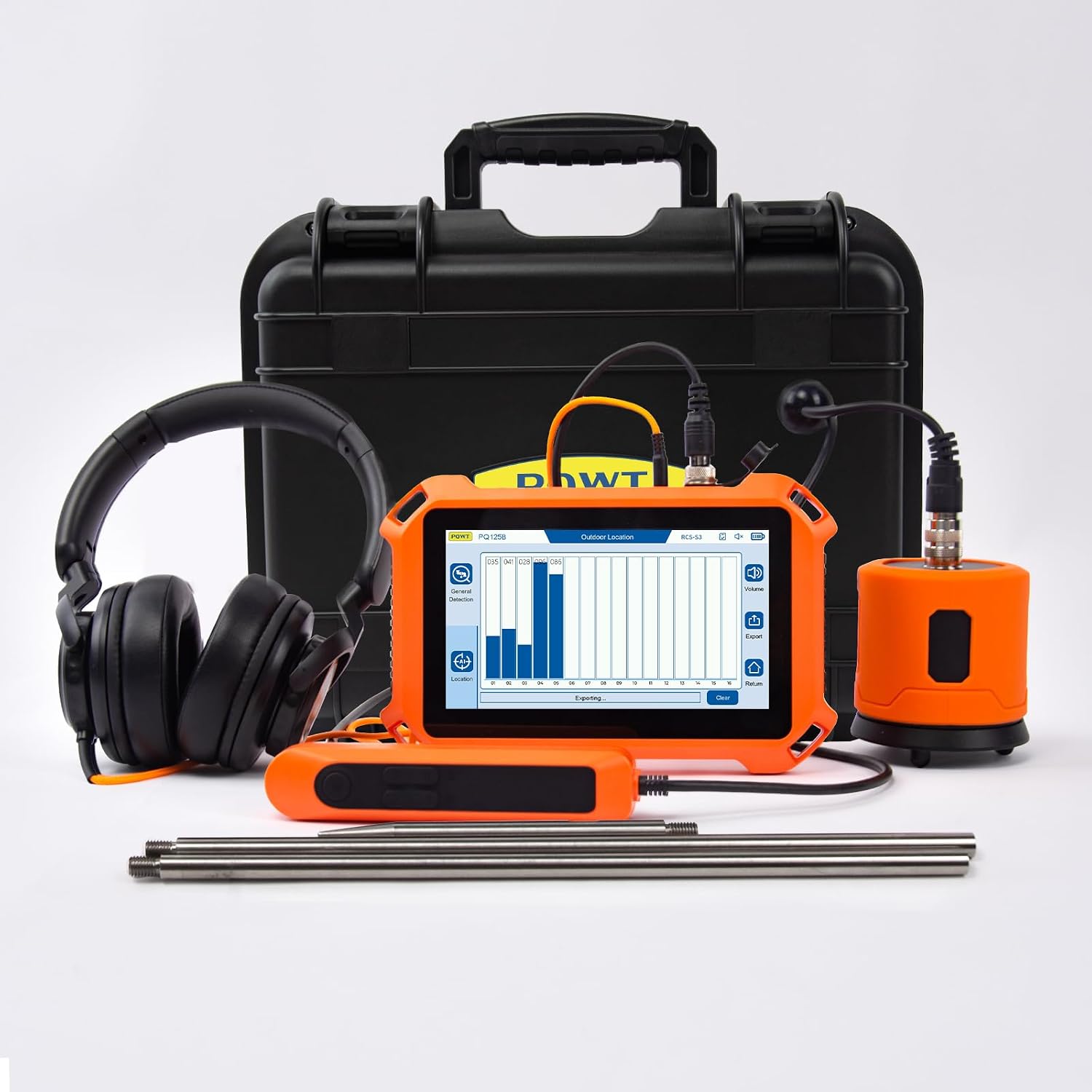 Underground Water Leak Detectors PQ125B Outdoor Wall Pipe Water Leakage Detection with Touchscreen Earphone and Carrying Case Sensor Acoustic Pipeline Sound Intensifier