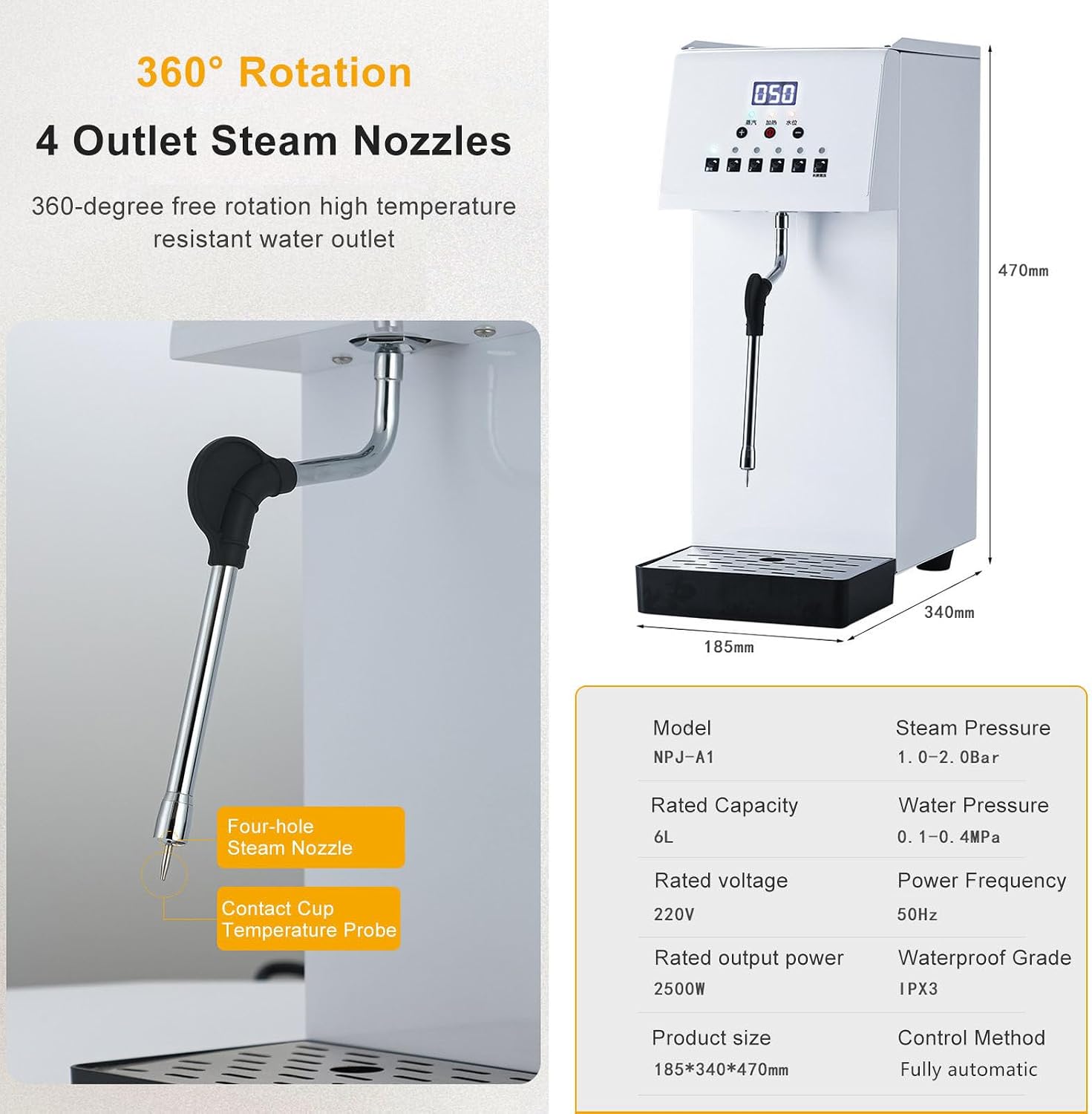 Milk Frother,Stainless Steel Milk Foam Maker, Steam Boiling Hot Water Dispenser, 2500W Boiler Electric Commercial Bubble Tea, 6L Stainless Steel Tank, 360° Steam Spray, L,