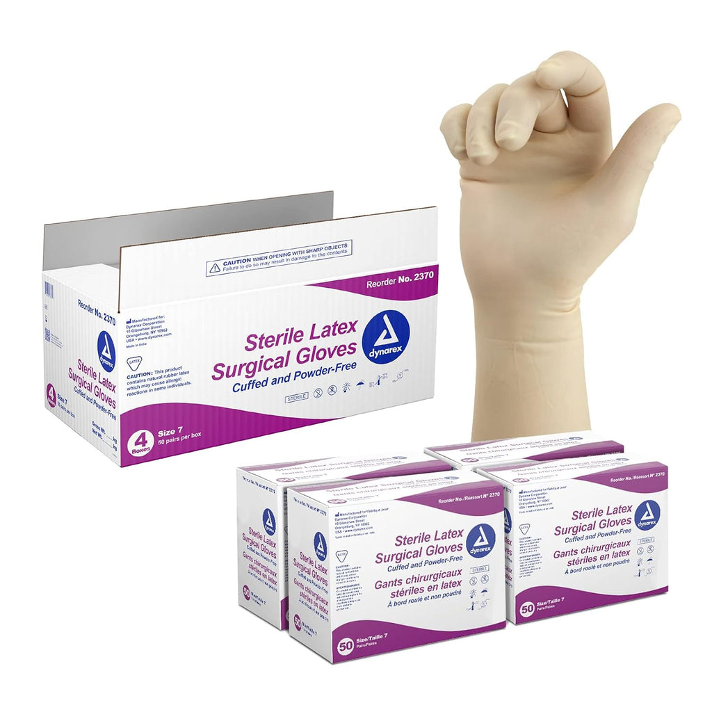 Dynarex Sterile Disposable Latex Surgical Gloves, Powder-Free, Packaged in Pairs, Medical and Healthcare Use, Veterinary Clinic, Bisque, Size 7.0, 1 Case of 200 Pairs of Gloves (Packaging May Vary)