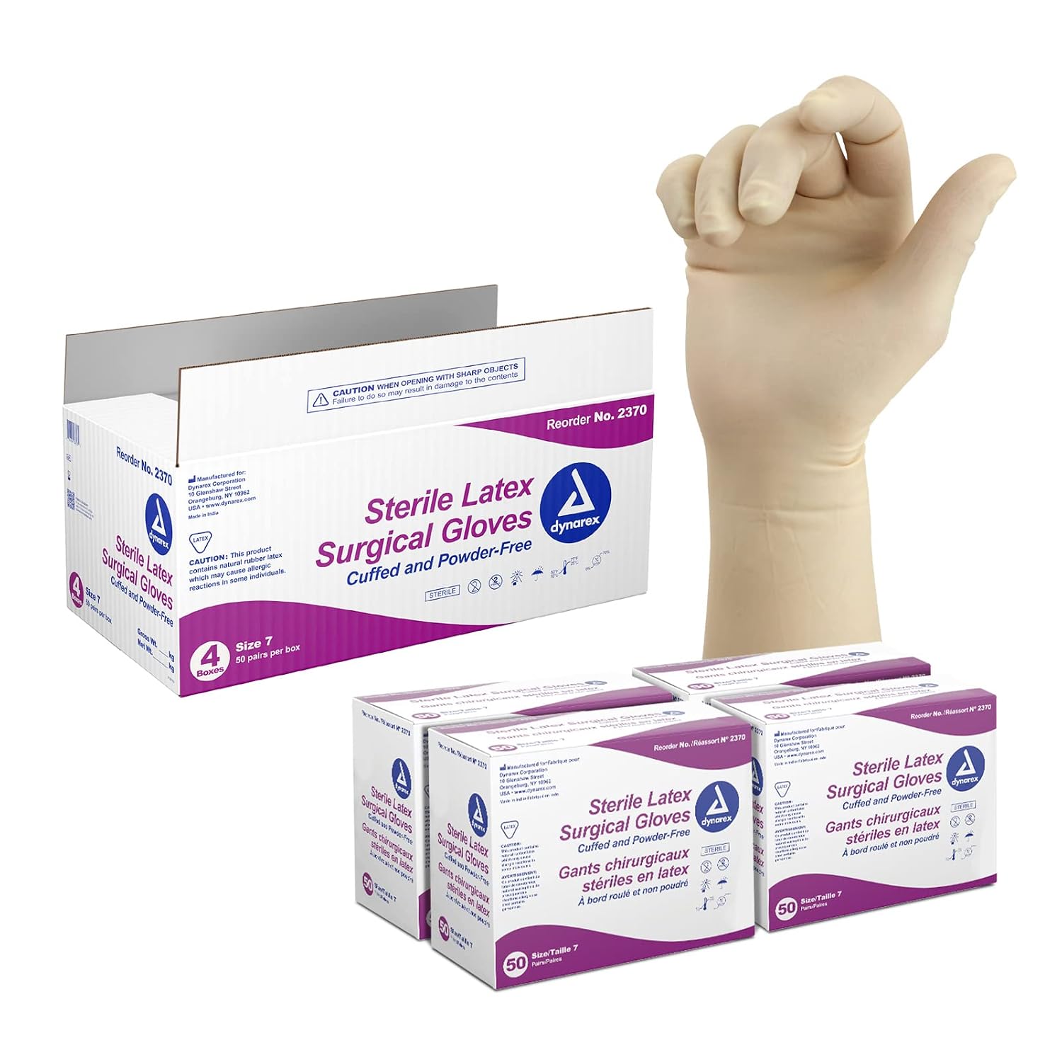 Dynarex Sterile Disposable Latex Surgical Gloves, Powder-Free, Packaged in Pairs, Medical and Healthcare Use, Veterinary Clinic, Bisque, Size 7.0, 1 Case of 200 Pairs of Gloves (Packaging May Vary)