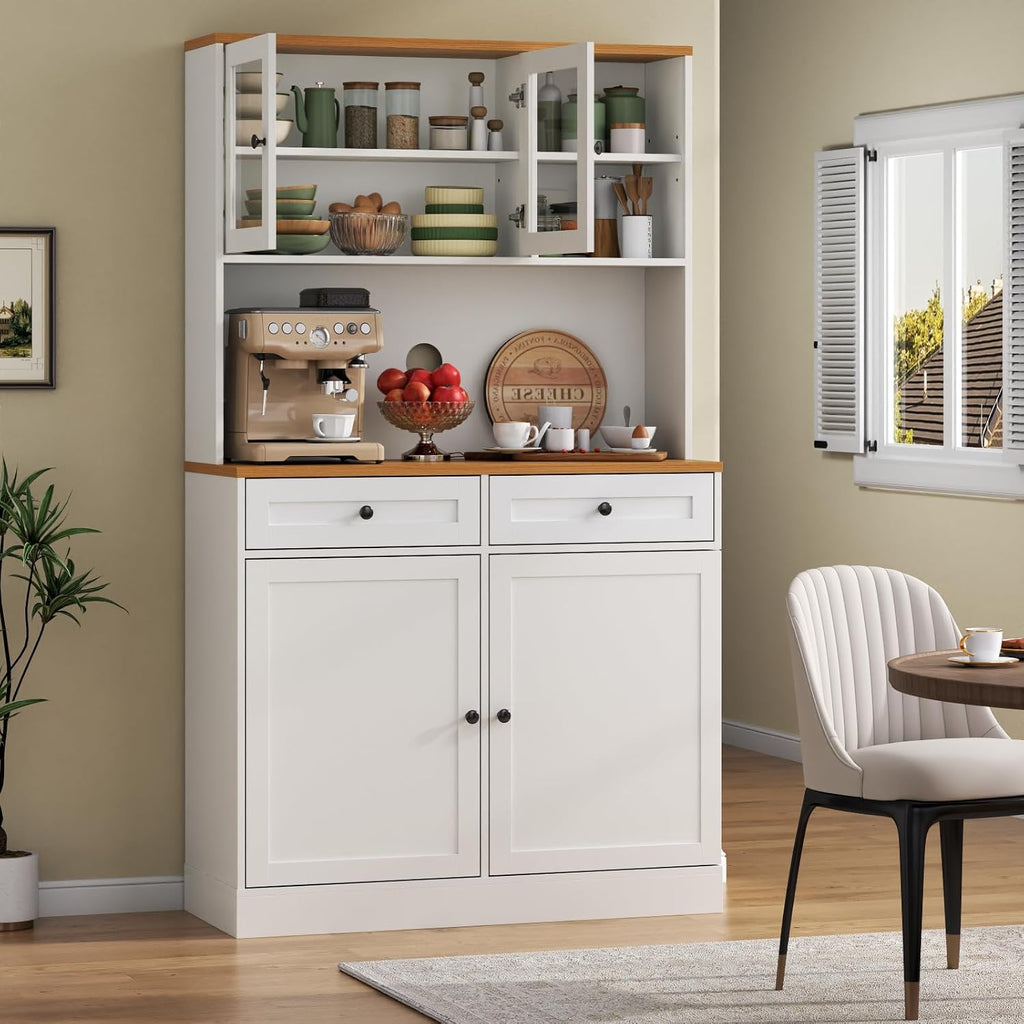 Tall Pantry Cabinet, Modern Kitchen Hutch with Microwave Stand, Kitchen Pantry Storage Cabinet with 2 Darwers & Door Shelf, Food Pantry with Glass Doors & Adjustable Shelves for Dining Room, White