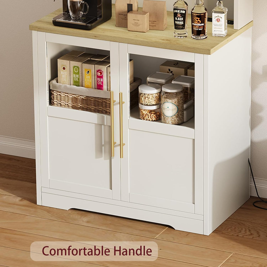 6-Tier Kitchen Bakers Rack With Power Outlet Bakers Rack With Storage Cabinet Microwave Oven Stand Pantry Hutch With Door Tall Versatile Storage Shelf With Thick Tabletop Farmhouse Coffee Bar Cabinet
