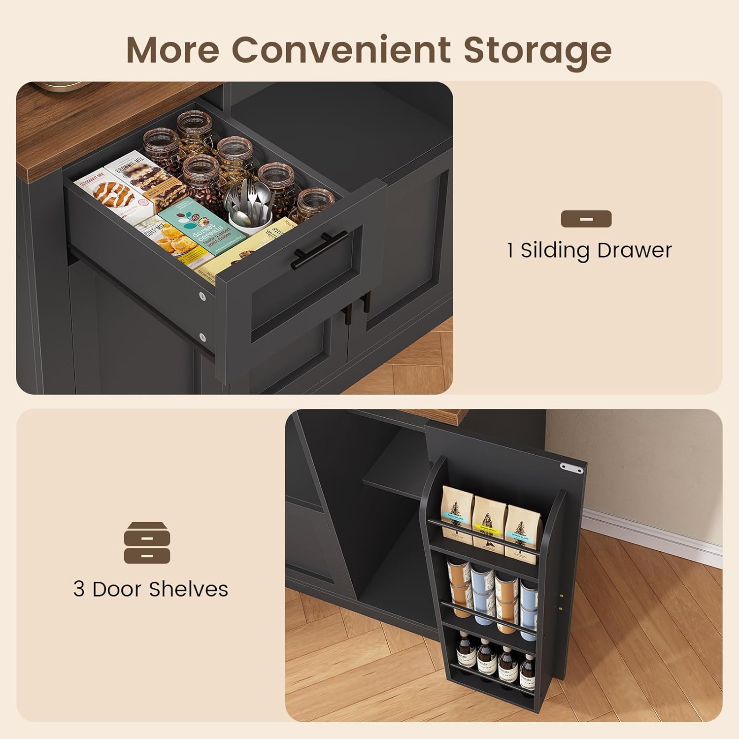 Itaar 71' Pantry Cabinet with Charging Station and LED Light, Kitchen Pantry Cabinet with Microwave Stand, 47.2' Wide Kitchen Storage Cabinets with Storage Cart 3 Tier for Dining Room, Black