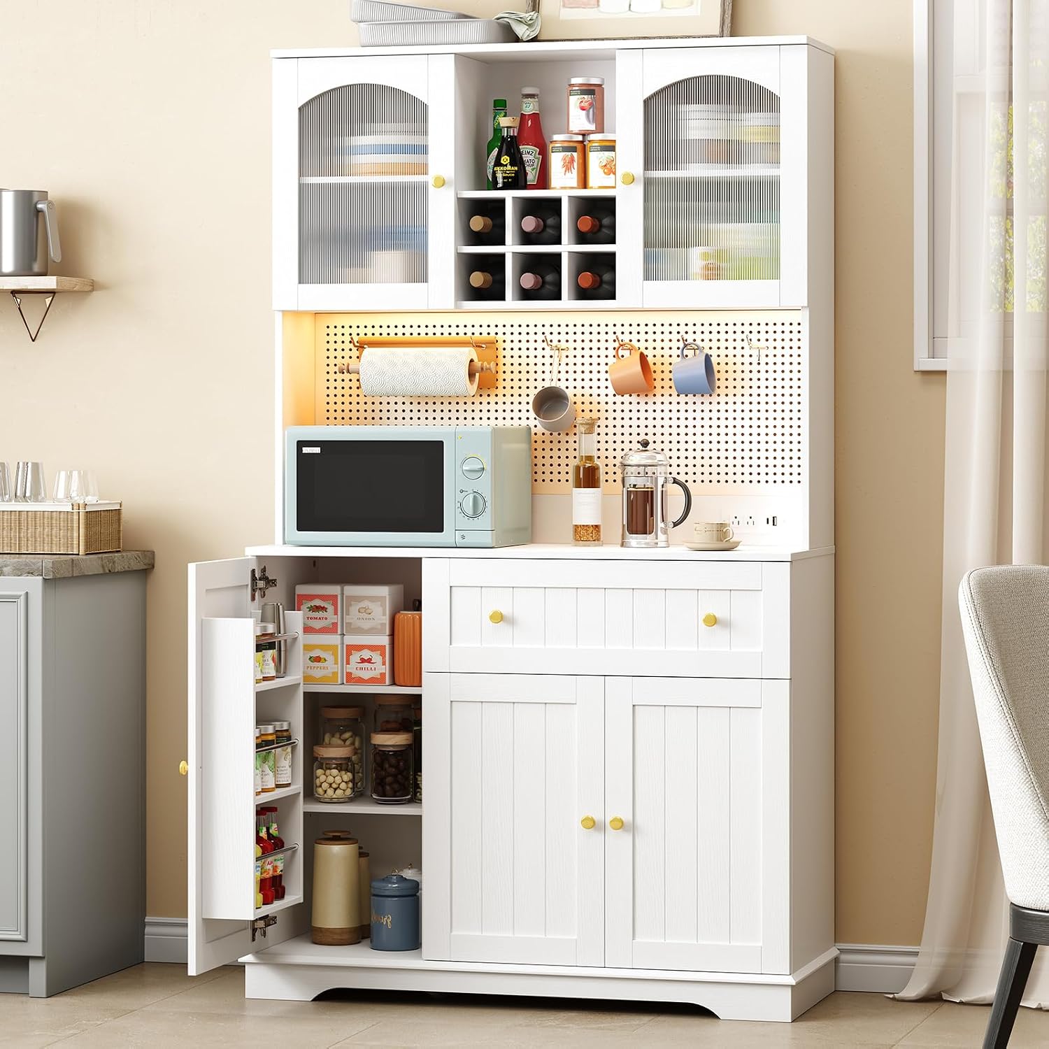 ONBRILL 71' Pantry Storage Cabinet with Microwave Shelf & Door Shelves, Kitchen Wood Pantry with Outlet & LED Light, Kitchen Hutch with DIY Pegboard & 6 Hook, Modern Cabinet with Drawer & Wine Rack