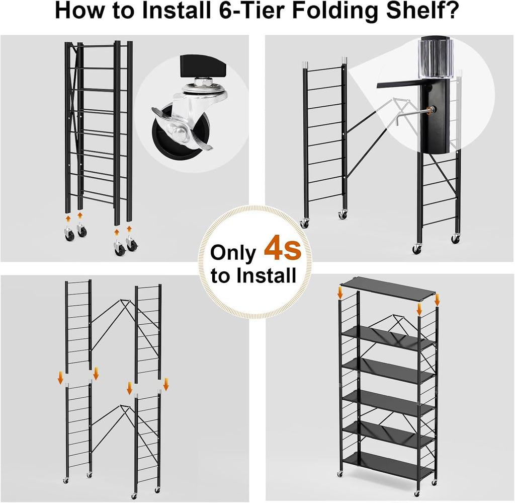 Himix 6 Tier Foldable Storage Shelves, Expandable Folding Bookshelf with Wheels, Changeable into 2 Shelf Units, Collapsible Adjustable Storage Rack Metal Shelves for Garage, Kitchen, Black