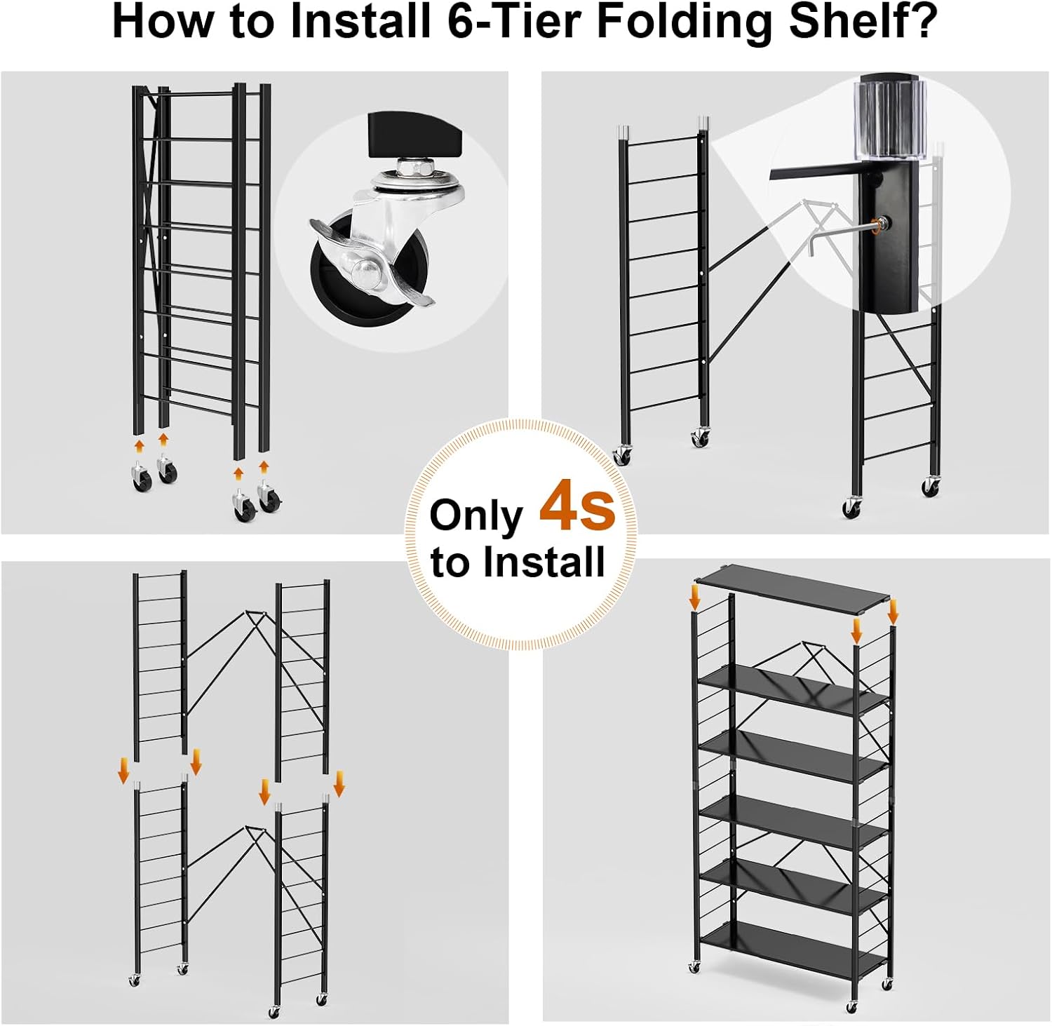 Himix 6 Tier Foldable Storage Shelves, Expandable Folding Bookshelf with Wheels, Changeable into 2 Shelf Units, Collapsible Adjustable Storage Rack Metal Shelves for Garage, Kitchen, Black