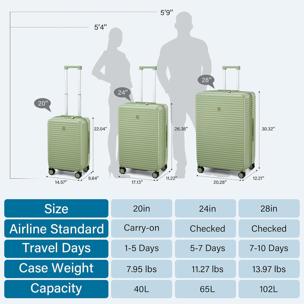 HanTrip Hard Shell Suitcases Travel Expandable Luggage, 24 Inch Check in Luggage with Spinner Wheels Cup Holder Charger Built in, Checked Medium Suitcase Lightweight Suitcases, Bamboo Green