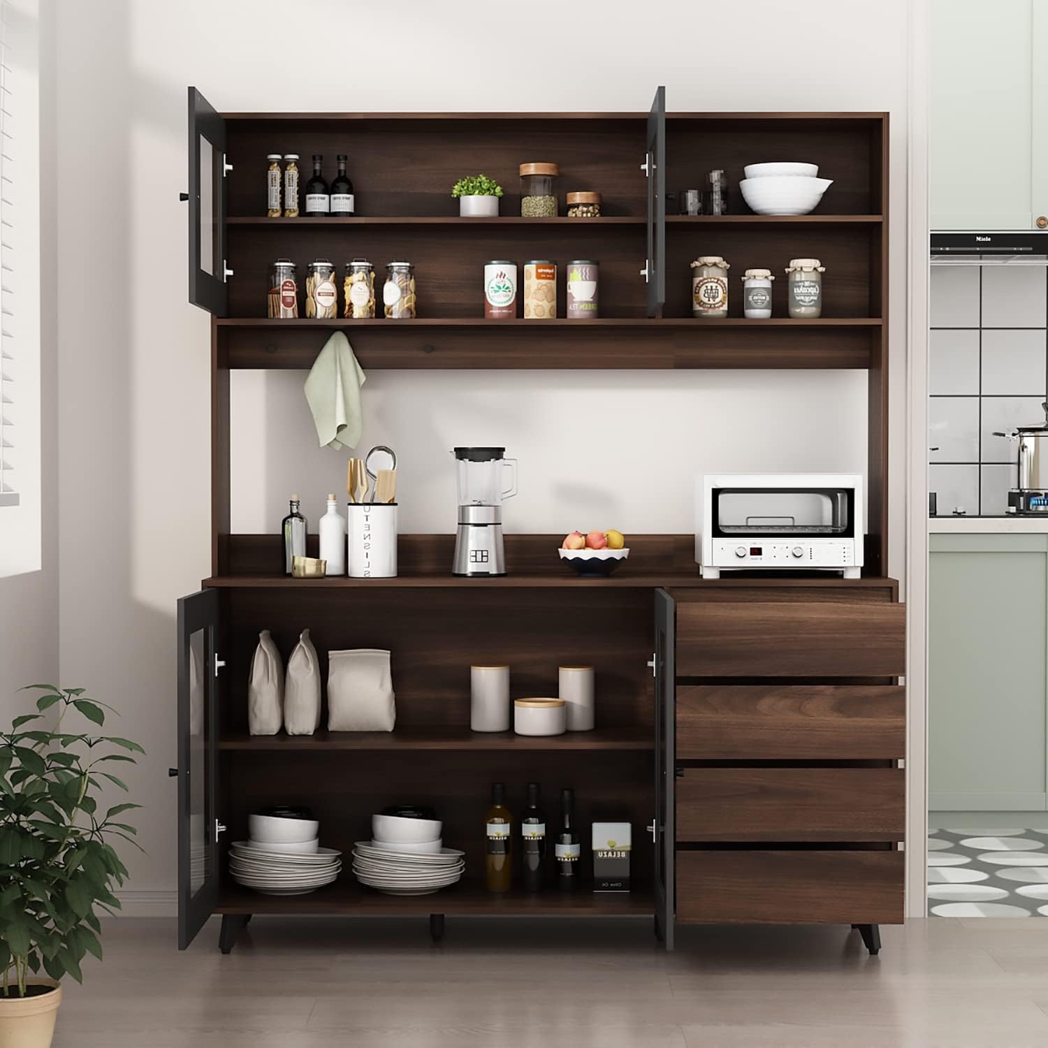 AGOTENI Large Kitchen Hutch Cabinet, Storage Cupboard Pantry with 4 Glass Doors, 4 Drawers & Microwave Shelf, for Kitchen Open Storage, Rustic Brown (63' W x 15.7' D x 74.8' H)